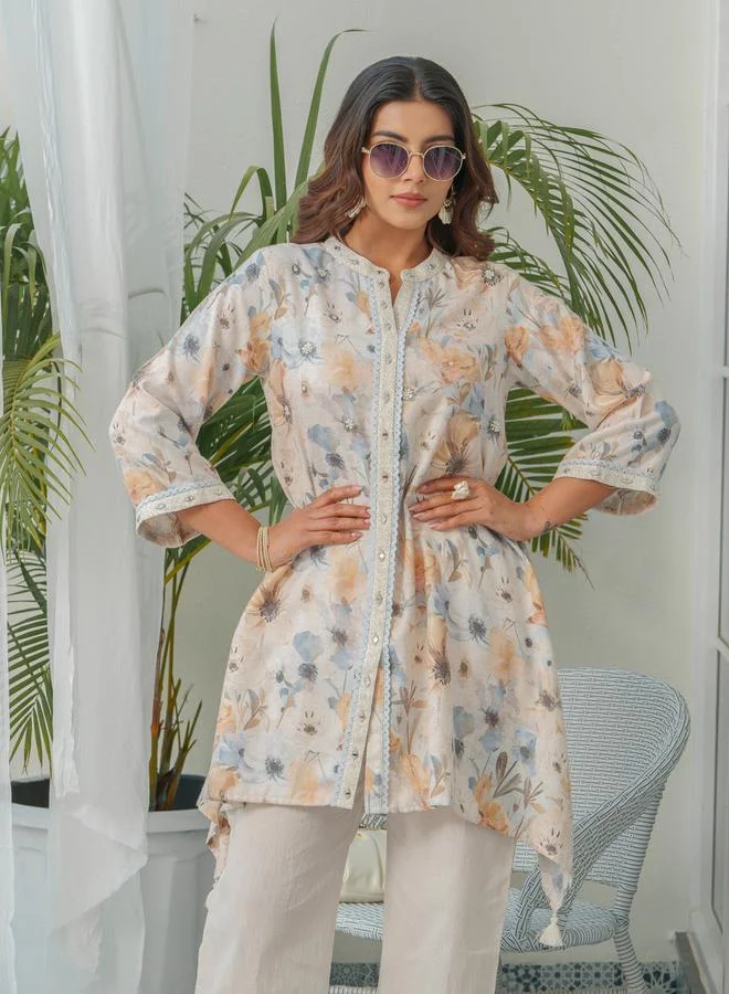 دي دبليو طقم منسق من تونيك وبنطال بياقة ماندارين وطبعة أزهار للنساء